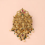 Divine Gajalakshmi Temple Pendant with Ruby Emerald Pearl Drops