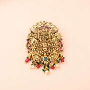 Divine Lakshmi Lotus Temple Pendant with Ruby Emerald Pearl Drops