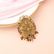 Divine Lakshmi Lotus Temple Pendant with Ruby Emerald Pearl Drops