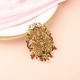 Divine Lakshmi Lotus Temple Pendant with Ruby Emerald Pearl Drops