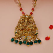 Intricate Silver Ganesh, Lakshmi & Saraswati Devi Pendant with Green Drops