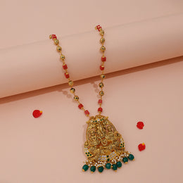 Intricate Silver Ganesh, Lakshmi & Saraswati Devi Pendant with Green Drops