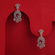 Graceful Peacock Silver Earrings with Dazzling CZs and Red Stone