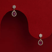 Silver Drop Earrings with Bold Red Stone and Floral Stud