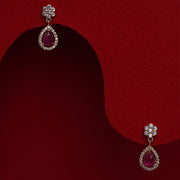 Silver Drop Earrings with Bold Red Stone and Floral Stud