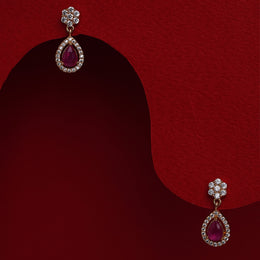 Silver Drop Earrings with Bold Red Stone and Floral Stud
