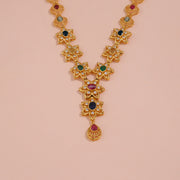 Contemporary Floral Navaratna Silver Neckalce