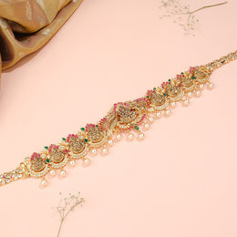 Eternal Lakshmi Devi Vaddanam with Ruby Accents & Pearl Drop Hangings