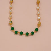Classic Green Bead Mala Chain with Ornate Gold Motifs and Pearl Detailing