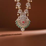 Traditional Silver CZ Haaram with Emerald Pendant & Pearl Hangings