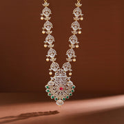 Traditional Silver CZ Haaram with Emerald Pendant & Pearl Hangings