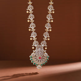 Traditional Silver CZ Haaram with Emerald Pendant & Pearl Hangings