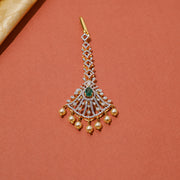 Trendy Silver CZ Bell Shaped Maang Tikka with Pearl Hangings
