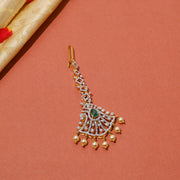 Trendy Silver CZ Bell Shaped Maang Tikka with Pearl Hangings