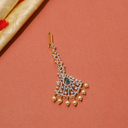 Trendy Silver CZ Bell Shaped Maang Tikka with Pearl Hangings