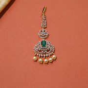 Elegant Silver CZ Maang Tikka with Pearls & Emerald Stone