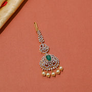 Elegant Silver CZ Maang Tikka with Pearls & Emerald Stone