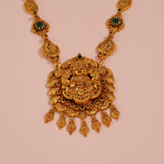 Temple Silver Leaf Necklace with Lakshmi Pendant and Stone Highlights