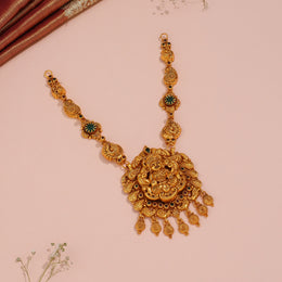 Temple Silver Leaf Necklace with Lakshmi Pendant and Stone Highlights