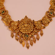 Temple Silver Necklace with Lakshmi Pendant and Peacock Design