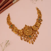 Temple Silver Necklace with Lakshmi Pendant and Peacock Design