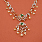 Elegant Silver CZ Neckalce with Peacock Design and Pearl Hangings