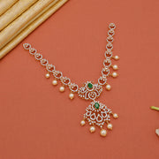 Elegant Silver CZ Neckalce with Peacock Design and Pearl Hangings
