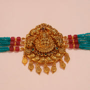 Elegant Lakshmi Temple Multi-Strand Choker with Turquoise Ruby Beads