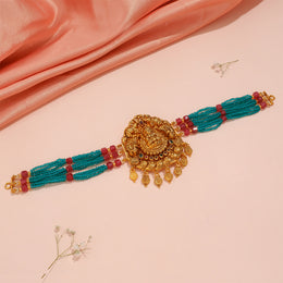 Elegant Lakshmi Temple Multi-Strand Choker with Turquoise Ruby Beads