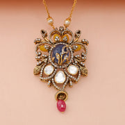 Elegant Vintage Floral Pendant with Sapphire Crystal and Ruby Drop