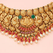 Antique Lakshmi Peacock Temple Choker with Pearl and Ruby Bead Drops