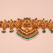 Temple Finish Silver Vaddanam with Green Beads
