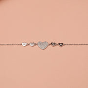 Linked Heart Charms CZ Silver Chain Bracelet