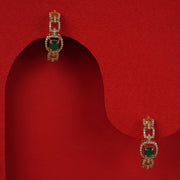 Silver Link Design Earrings with CZs and Green Stone