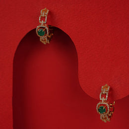 Silver Link Design Earrings with CZs and Green Stone