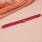 Elegant Ruby Crystal Multi-Strand Choker with Antique Gold Centerpiece