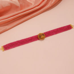 Elegant Ruby Crystal Multi-Strand Choker with Antique Gold Centerpiece