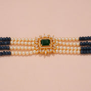 Elegant Sapphire Pearl Multi-Strand Choker with Emerald Crystal Centerpiece