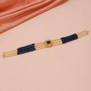 Elegant Sapphire Pearl Multi-Strand Choker with Emerald Crystal Centerpiece