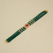 Green Stone Beaded Choker with Floral Pendant and Pearls
