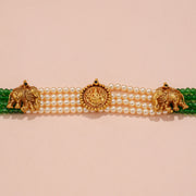 Elegant Emerald Crystal Pearl Choker with Lakshmi Coin Centerpiece