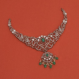 Graceful Floral and Peacock Silver Necklace with Kundans