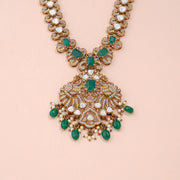 Emerald Polki Peacock Pendant Necklace with Pearl Drops