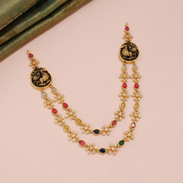 Antique Peacock Navaratna Double-Layer Necklace with CZ Floral Design