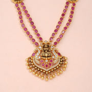Antique Lakshmi Ruby Double-Strand Maang Tikka with CZ Halo and Gold Beads