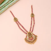 Antique Lakshmi Ruby Double-Strand Maang Tikka with CZ Halo and Gold Beads