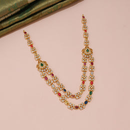 Dual-Layer Navaratna Floral Necklace with CZ and Emerald Accent