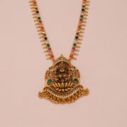 Antique Lakshmi Temple Maang Tikka with Navaratna Chain and Gold Bead Fringe