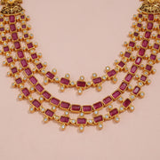 Antique Ruby Triple-Layer Bridal Maang Tikka with CZ Floral Accents