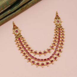 Antique Ruby Triple-Layer Bridal Maang Tikka with CZ Floral Accents